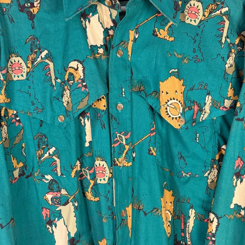Panhandle Slim Men's Large Green Indigenous Warrior Print Western Shirt Made USA - Picture 7 of 10